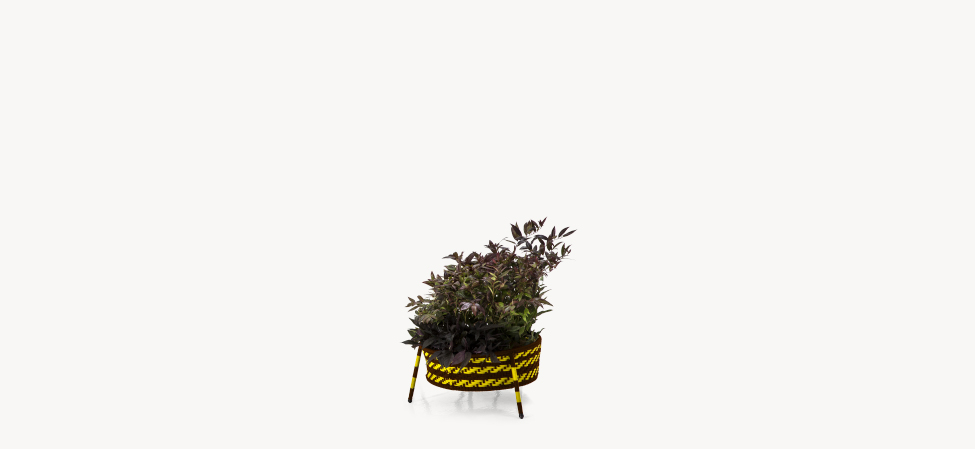 Round hanging planter with green-and-black hand-woven polyethylene cords on a painted steel ring, suspended by red strap