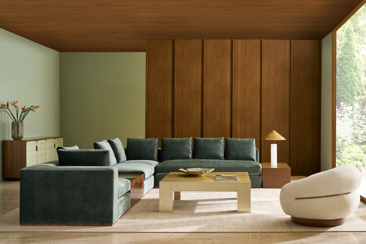 Sleek modern coffee table with clean lines and a neutral-toned marble top.