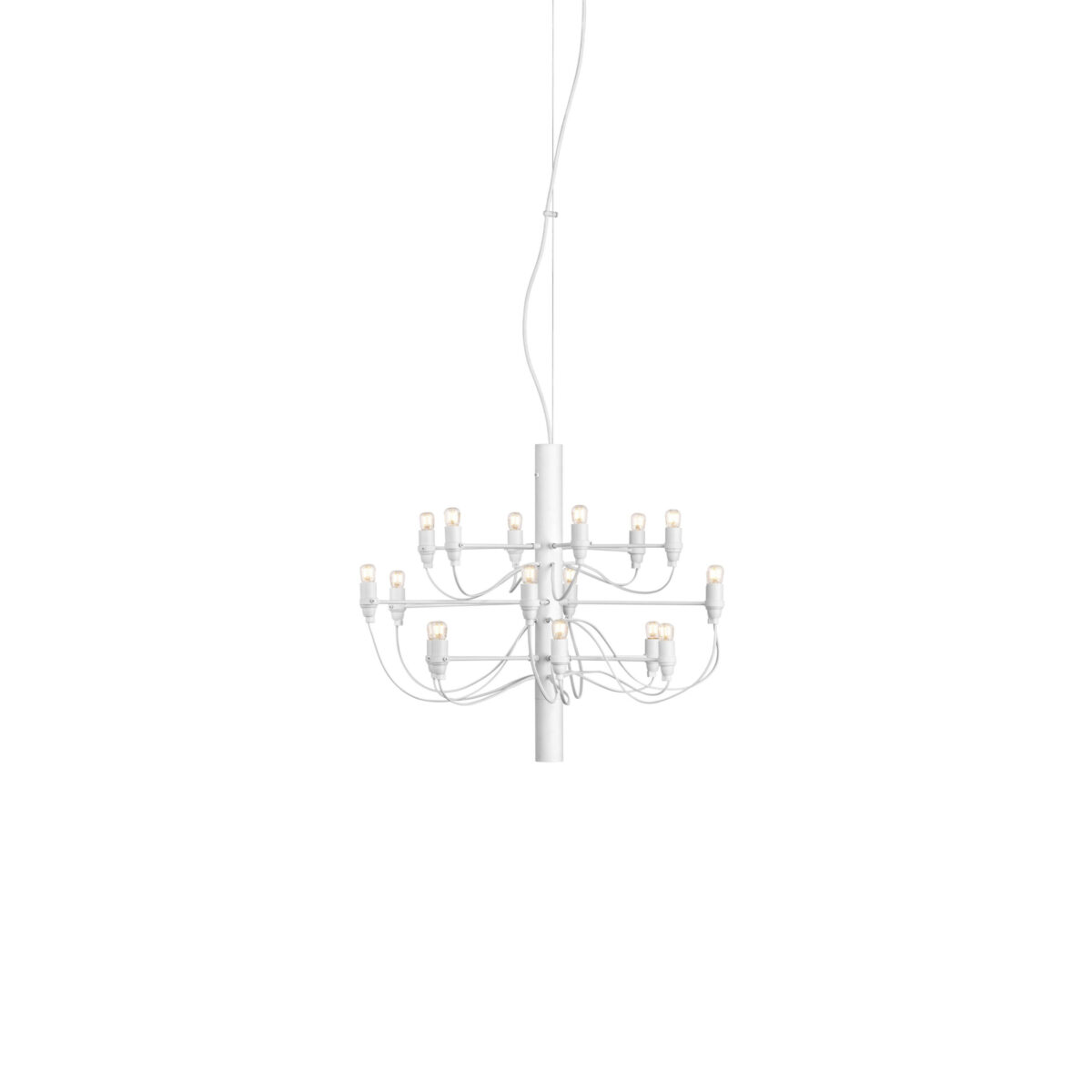 Flos 2097/18 chandelier featuring 18 clear bulbs radiating from a polished chrome central stem.