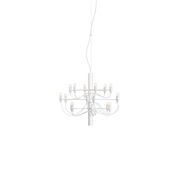 Flos 2097/18 chandelier featuring 18 clear bulbs radiating from a polished chrome central stem.