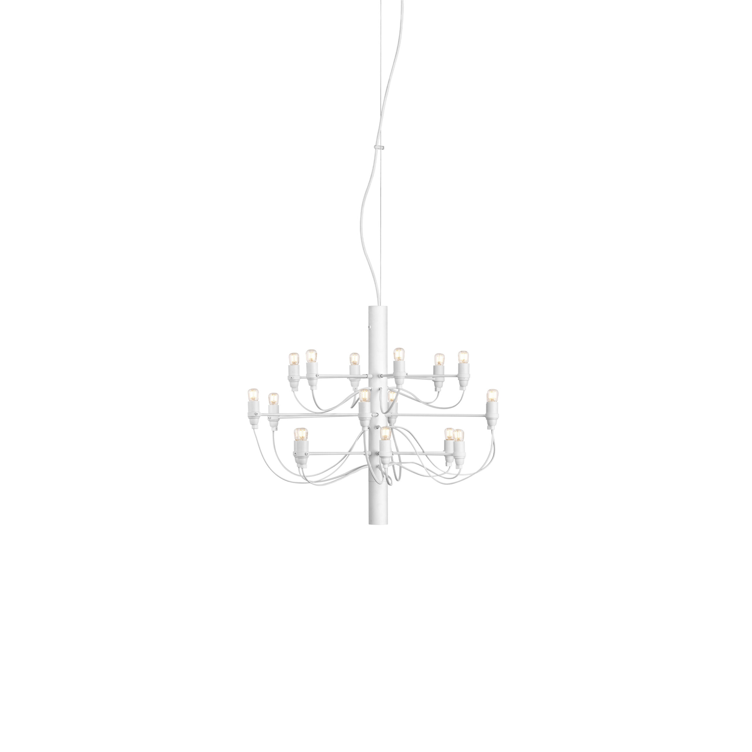Flos 2097/18 chandelier featuring 18 clear bulbs radiating from a polished chrome central stem.