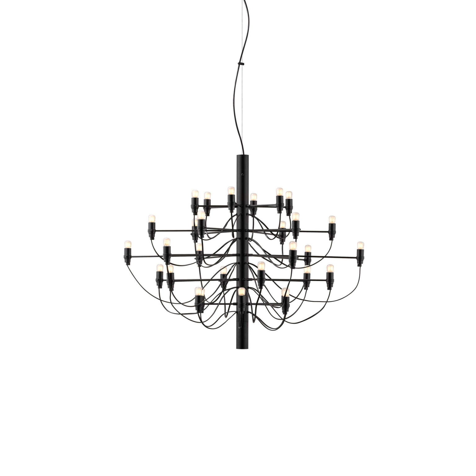 Modern chandelier with 30 frosted LED bulbs on brass arms radiating from a central steel stem, suspended by a slim cable.