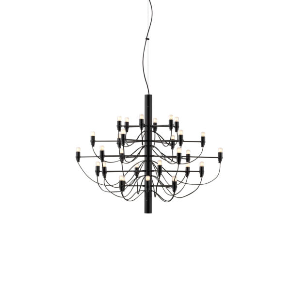 Modern chandelier with 30 frosted LED bulbs on brass arms radiating from a central steel stem, suspended by a slim cable.
