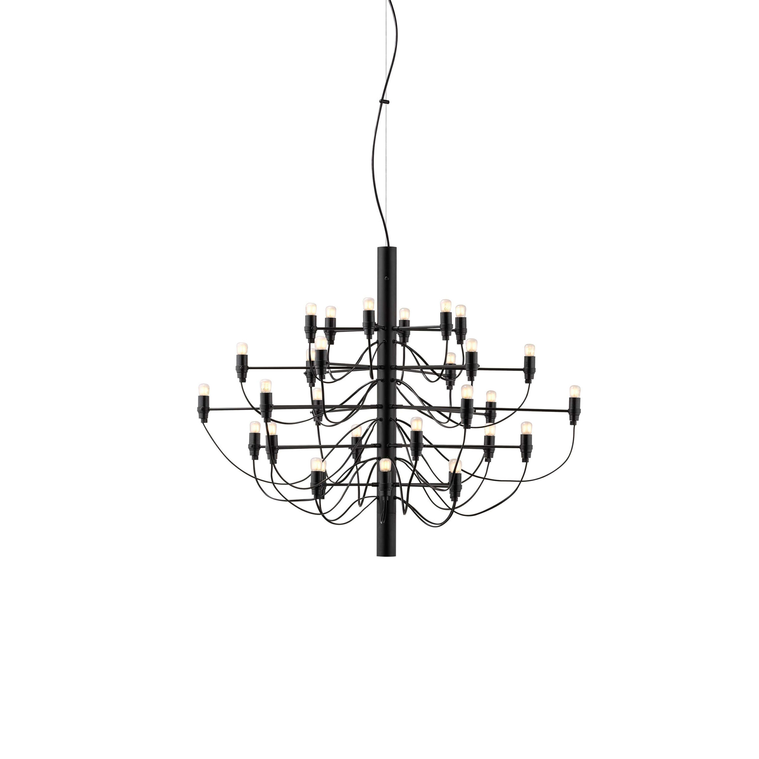 Modern chandelier with 30 frosted LED bulbs on brass arms radiating from a central steel stem, suspended by a slim cable.
