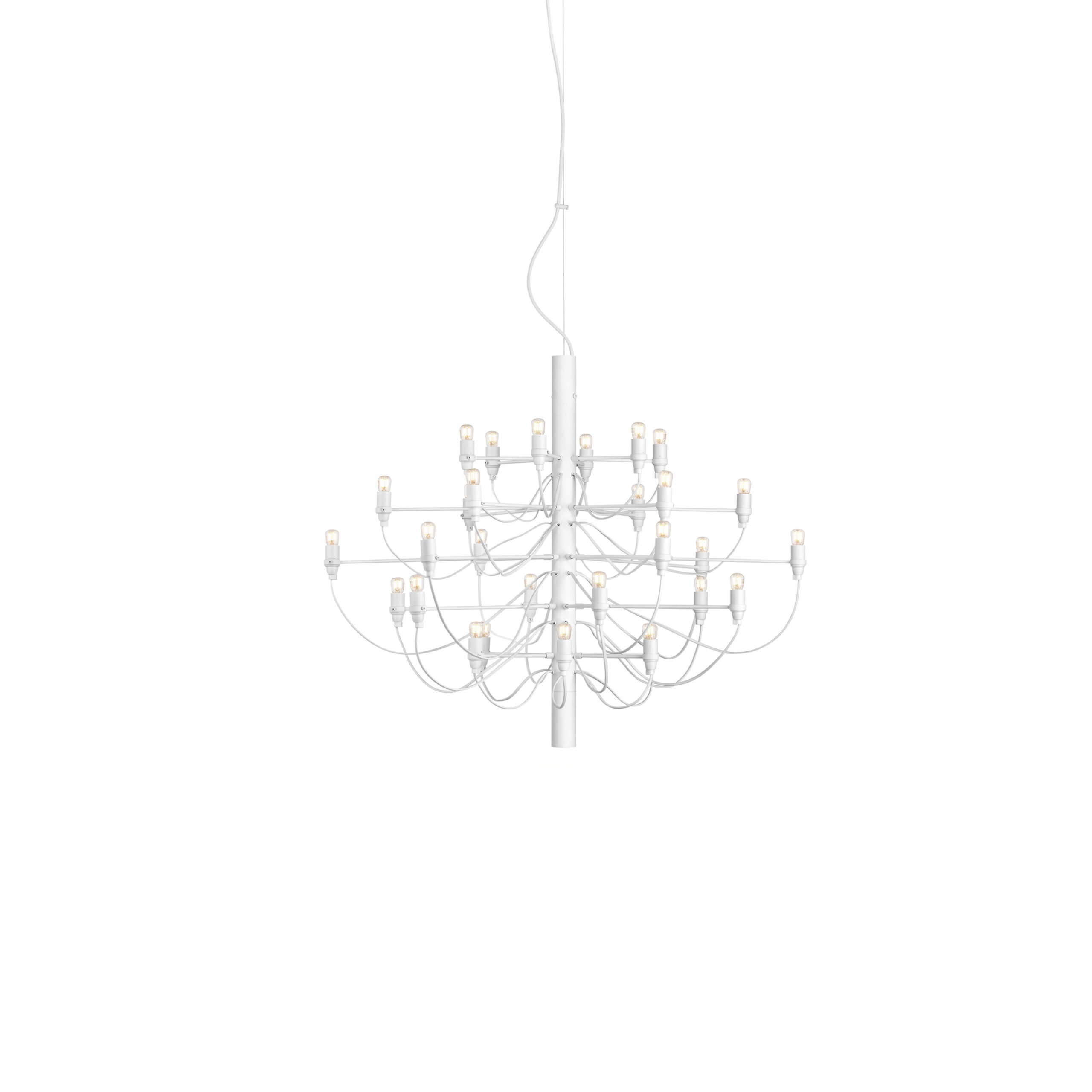 Flos 2097/30 chandelier with 30 exposed clear bulbs arranged on slender arms extending from a central chrome stem.