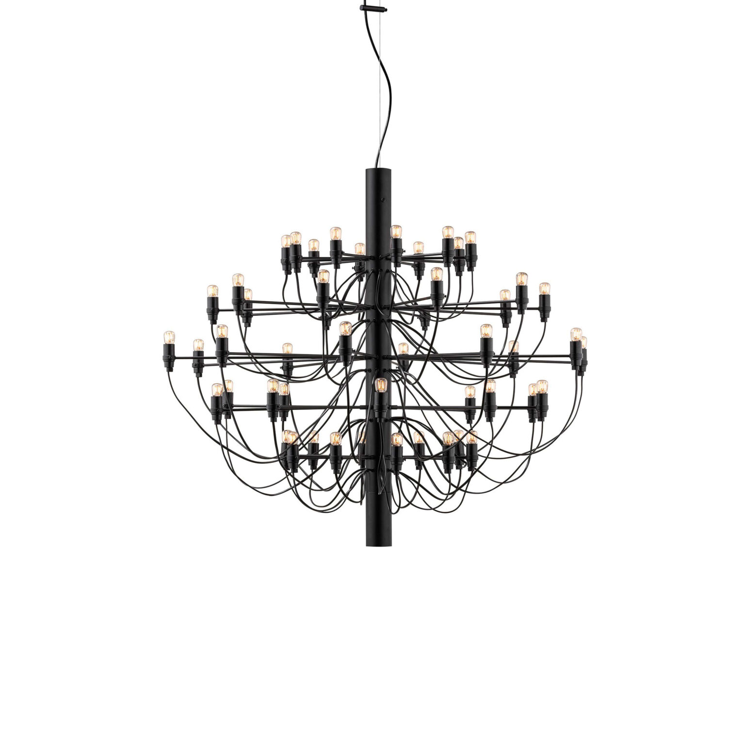 2097/50 (clear bulbs) by Flos, Flos 2097/50 chandelier in chrome with 50 exposed clear bulbs radiating from a central steel column.