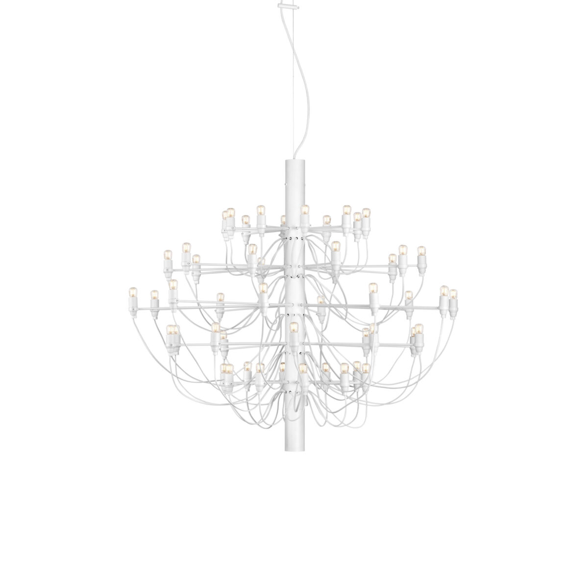 Flos 2097/50 chandelier with 50 clear glass bulbs extending from a central polished chrome column.