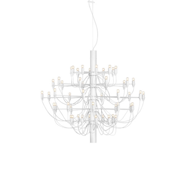 Flos 2097/50 chandelier with 50 clear glass bulbs extending from a central polished chrome column.