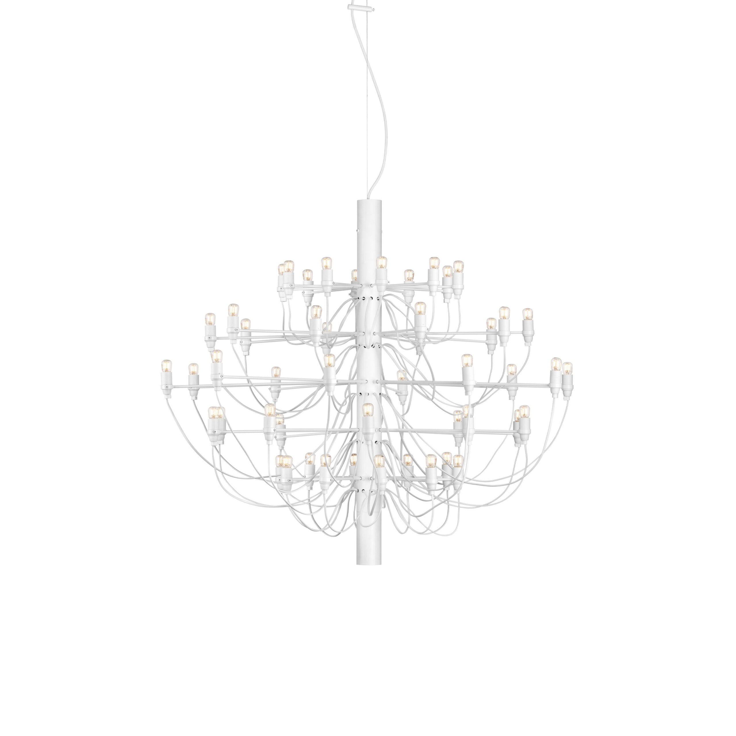 Flos 2097/50 chandelier with 50 clear glass bulbs extending from a central polished chrome column.