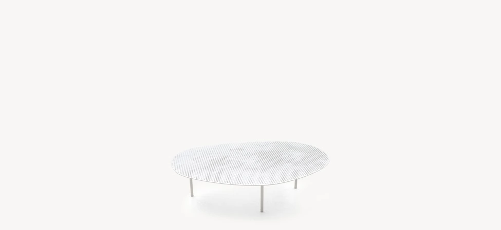 Cloud Coffee Table by Moroso showcasing laser-cut cloud pattern on top and sleek powder-coated base at the Michigan Design Center