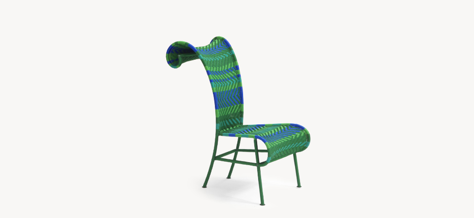 Sunny chair by Moroso in vibrant Multired pattern, hand‑woven polyethylene threads forming a high curved backrest atop a painted tubular steel frame