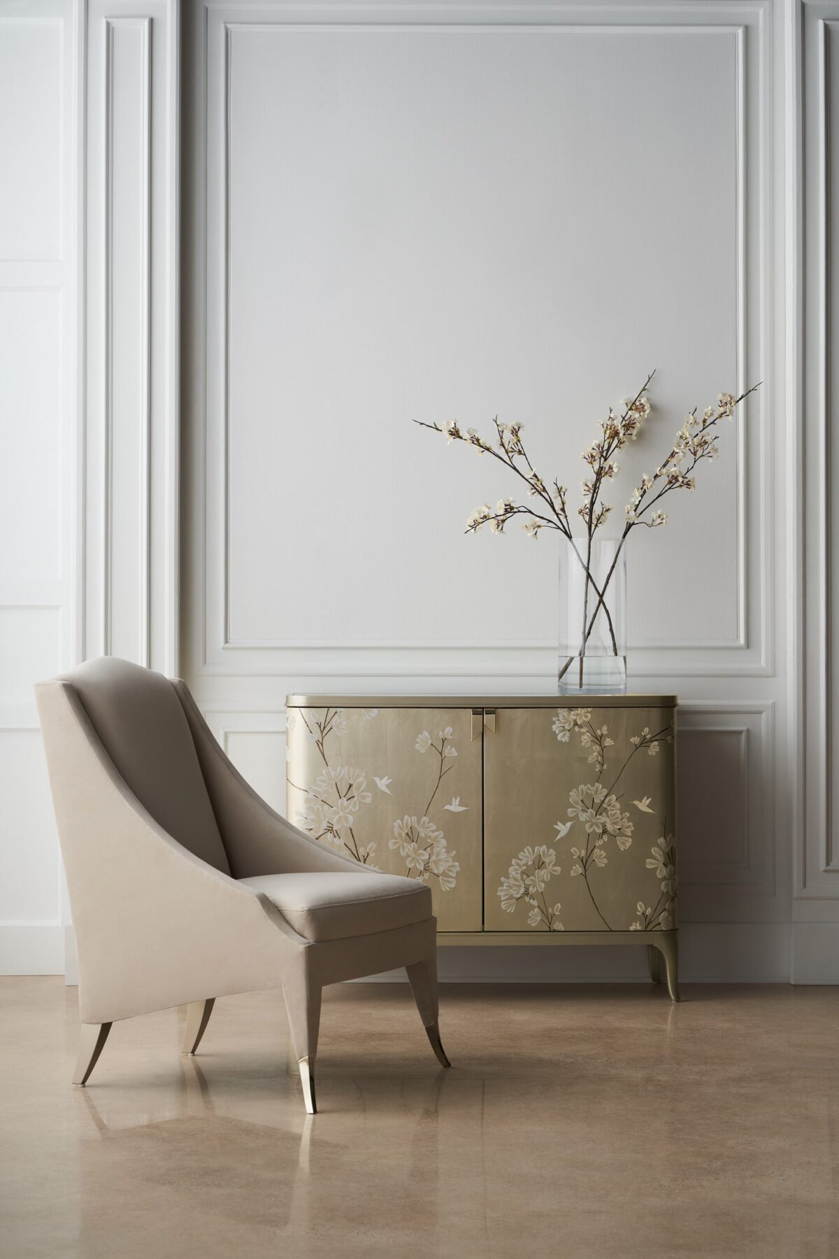 Elegant platform bed featuring a soft fabric finish and sculptural silhouette.