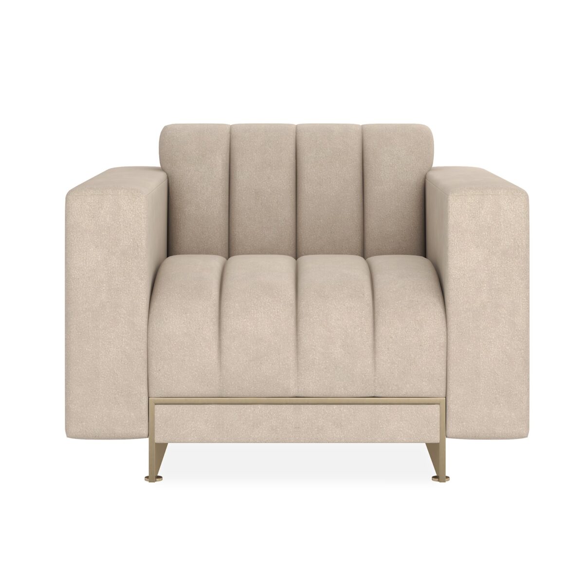The Caracole Well Balanced Chair, featuring a tight seat and back with channel tufting, upholstered in a shimmering Moonstone basketweave fabric, and resting on a thin Whisper of Gold stainless steel frame with matching beading down the back.