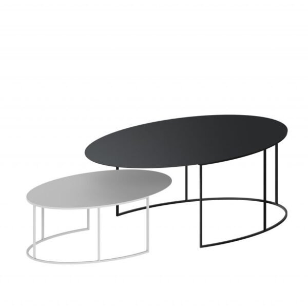 “SLIM IRONY OVAL XL by Zeusnoto featuring an extra-large oval top and slender metal legs in a matte finish.”