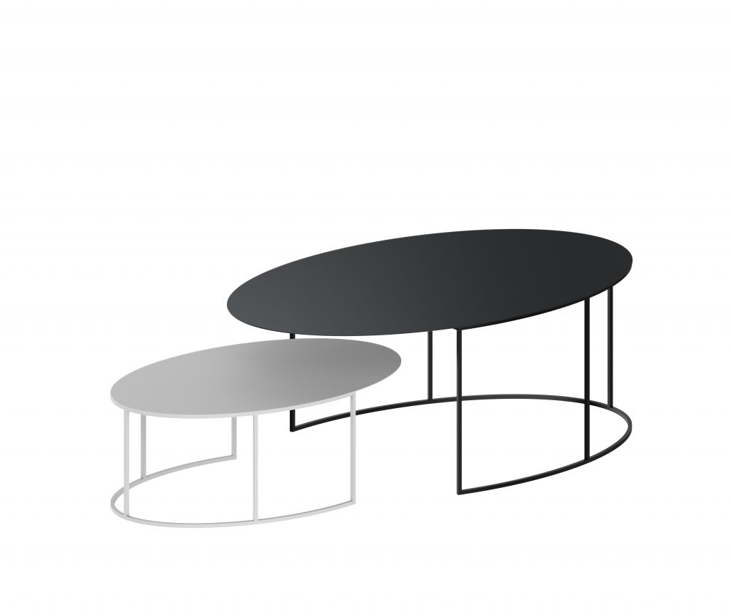 “SLIM IRONY OVAL XL by Zeusnoto featuring an extra-large oval top and slender metal legs in a matte finish.”