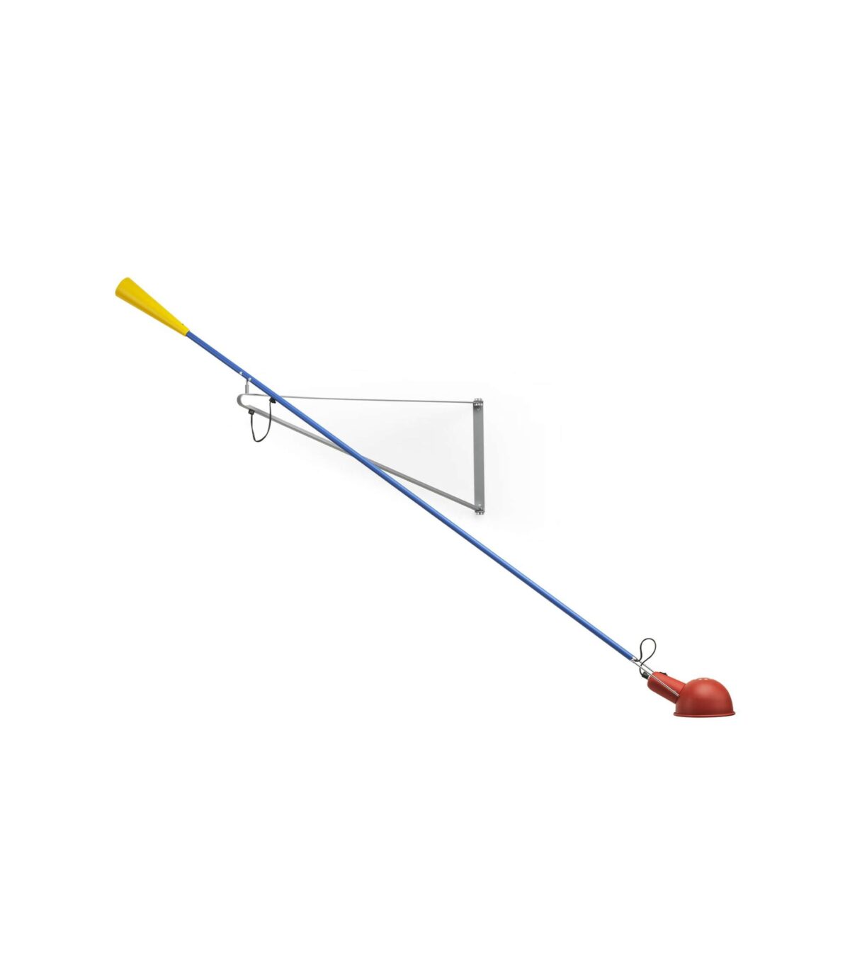 A long, articulating wall lamp by Flos called "265 Chromatica," featuring a red lamp head, a blue adjustable arm extending from a grey wall mount, and a yellow conical counterweight, providing direct light.