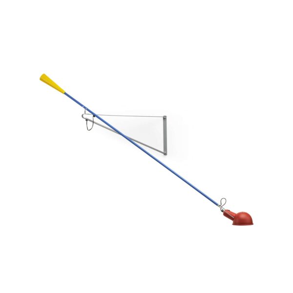 A long, articulating wall lamp by Flos called "265 Chromatica," featuring a red lamp head, a blue adjustable arm extending from a grey wall mount, and a yellow conical counterweight, providing direct light.