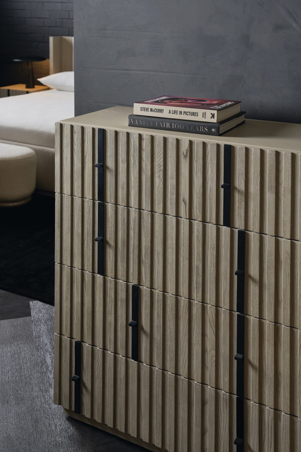 Caracole CLANCY Chest, featuring a minimalist design with a rich, dark finish like Charcoal Leaf, offering sophisticated storage for any room.