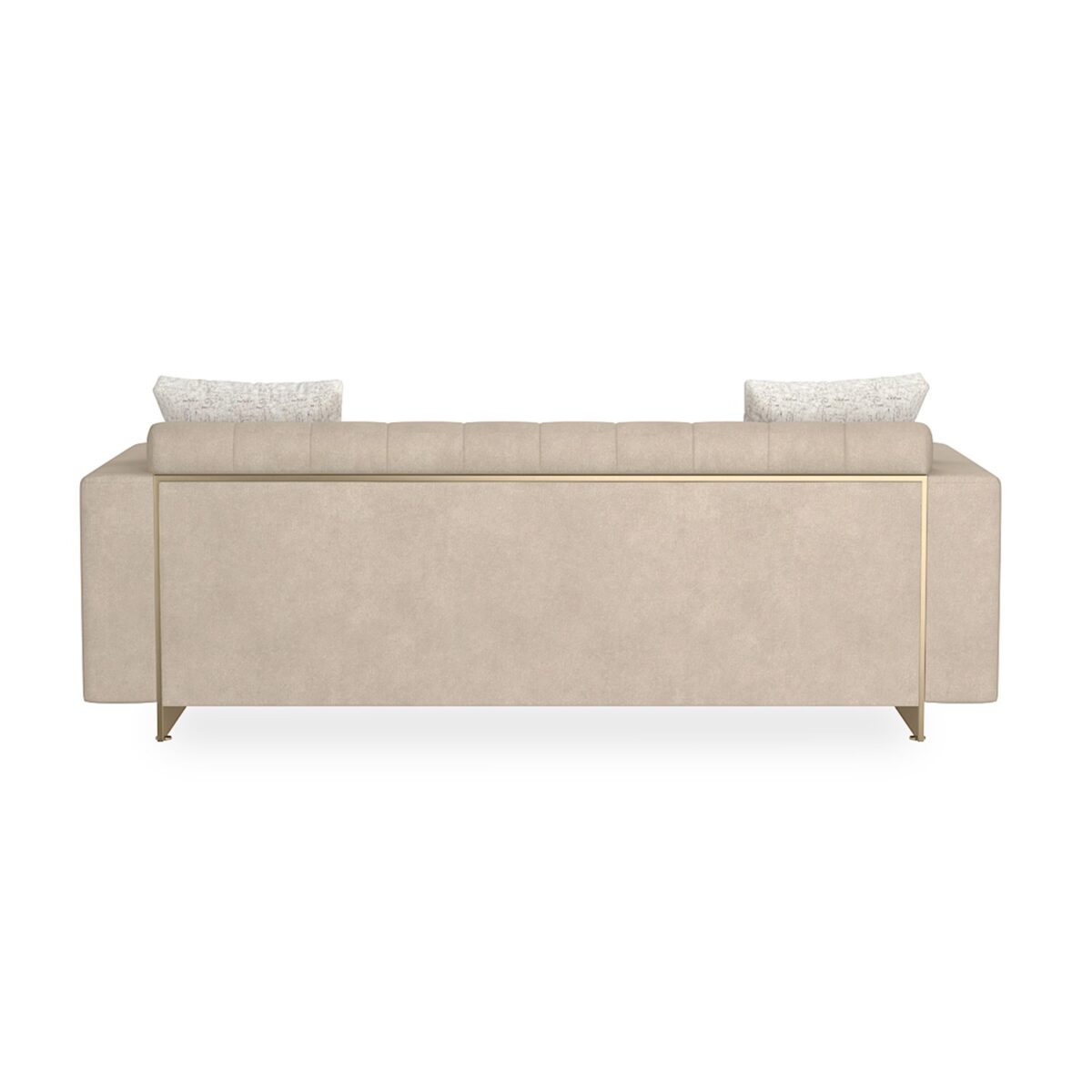Caracole 84 Well Balanced Sofa, modern 84 inch sofa, luxury tufted sofa, Moonstone fabric sofa, Italian design sofa, contemporary living room, gold base sofa.