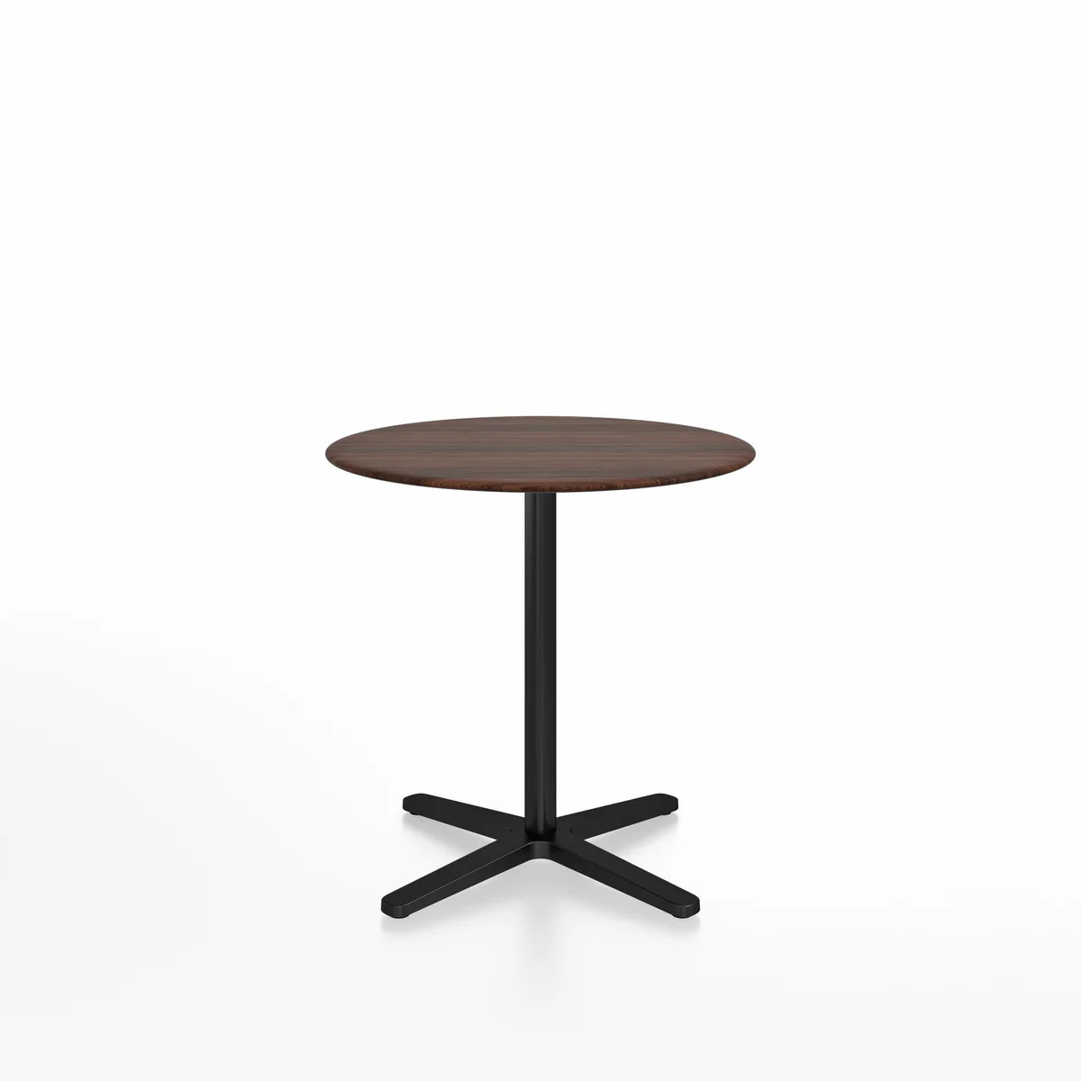 2 Inch X Base café table, round by Emeco, designed by Jasper Morrison, features a minimalist design with a softly rounded square column and X base, suitable for both indoor and outdoor use.