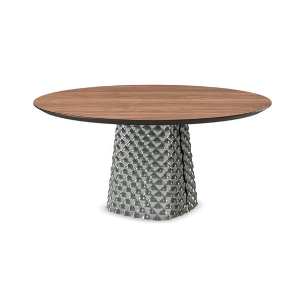  “ATRIUM Wood Round by Cattelan Italia – round Italian dining table with solid wood top and sculptural mirrored glass base”