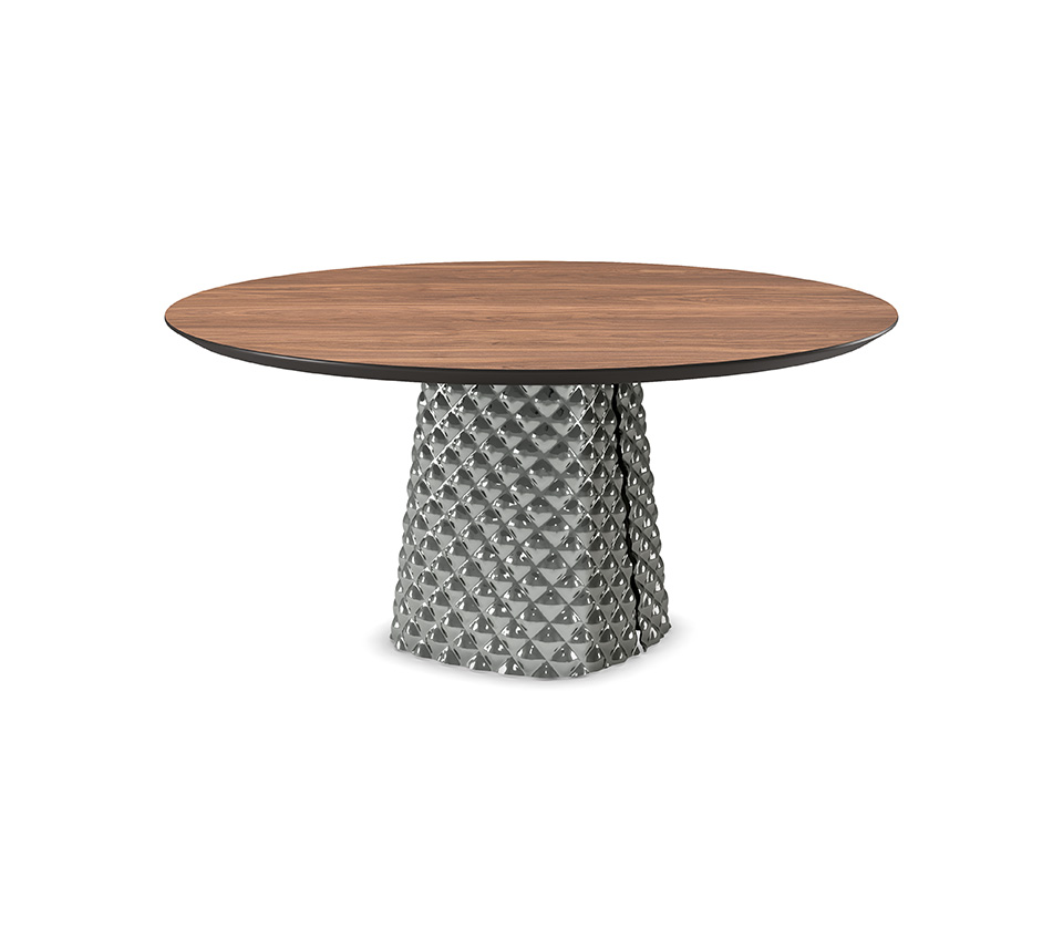  “ATRIUM Wood Round by Cattelan Italia – round Italian dining table with solid wood top and sculptural mirrored glass base”