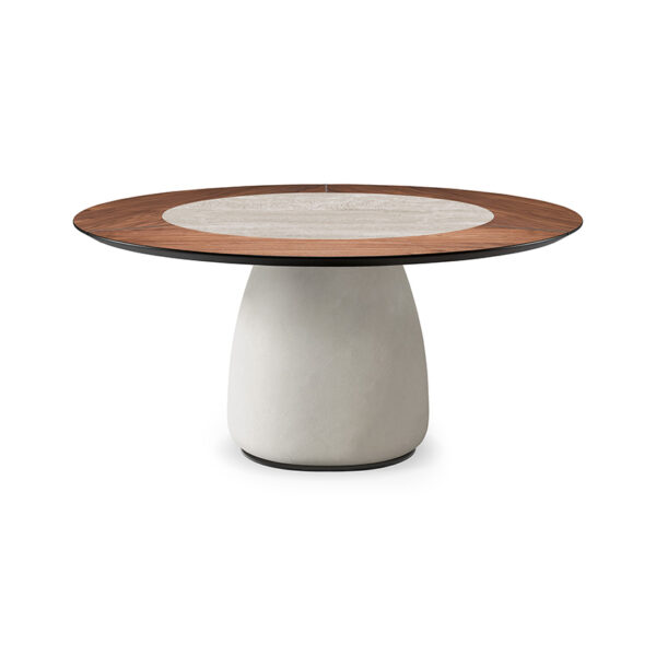 “BOTERO Ker-Wood Round by Cattelan Italia – round Italian coffee table with wood-ceramic top and sculptural metal base in modern design”