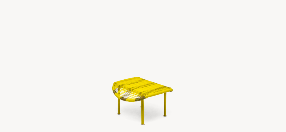 Imba by Moroso lounge chair with handwoven multicolor rope and sculptural metal frame in a sunlit patio setting