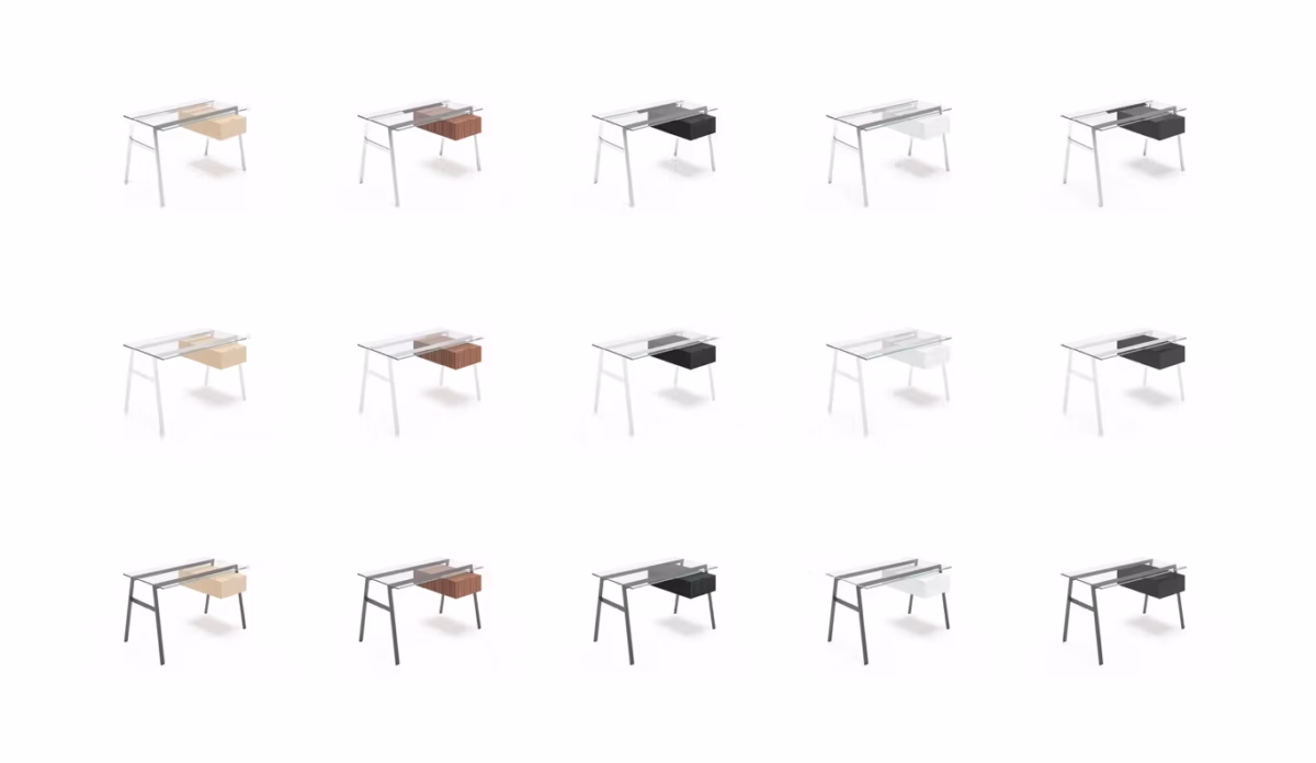 Modern workspace featuring Homework desk by Bensen paired with a matching ergonomic chair and desk lamp