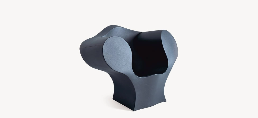 The Big Easy by Moroso in plush Italian velvet with relaxed silhouette, front view in a Royal Oak Michigan showroom