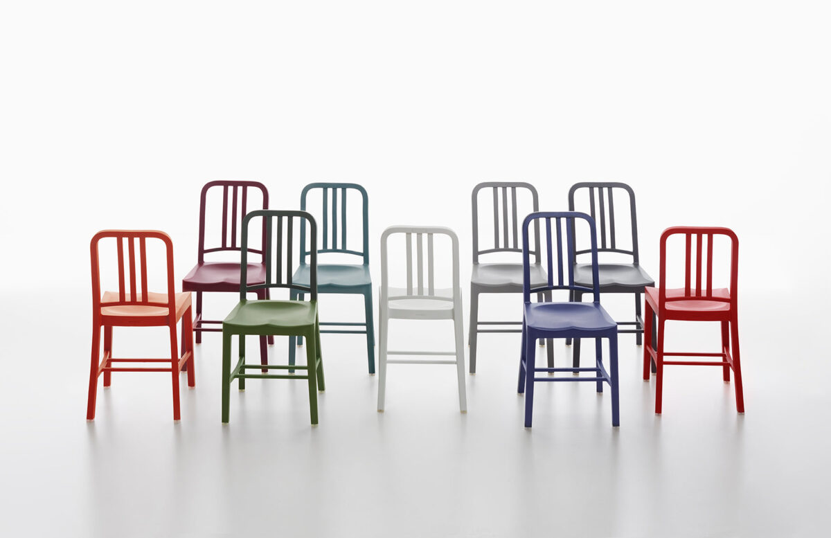 “Durable and iconic 111 Navy Chair® by Emeco, perfect for indoor and outdoor settings.”