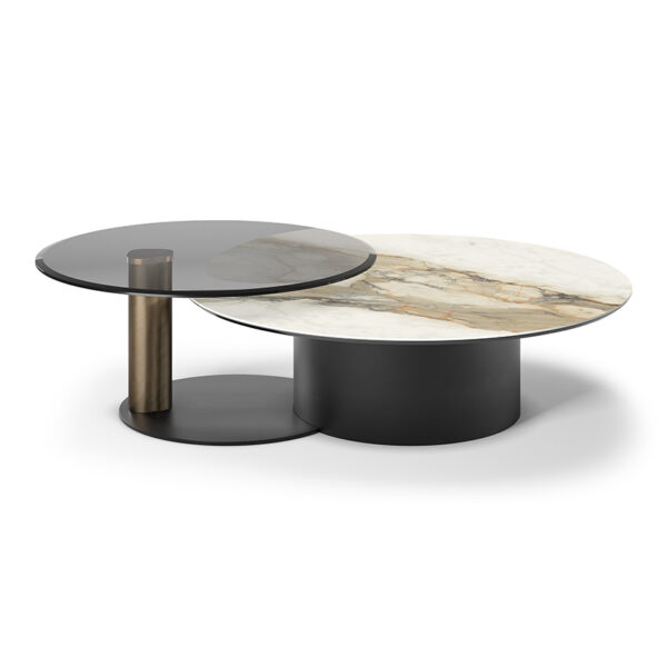 “Contemporary ARENA Keramik Bond table – round ceramic coffee table with metal cone-shaped base”