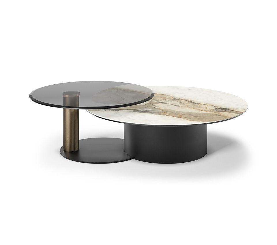“Contemporary ARENA Keramik Bond table – round ceramic coffee table with metal cone-shaped base”