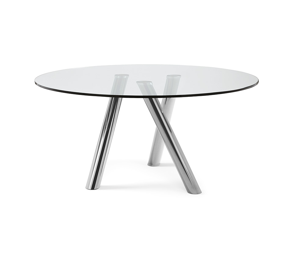 “RAY by Cattelan Italia – elegant Italian dining table with glass top and artistic curved steel base”