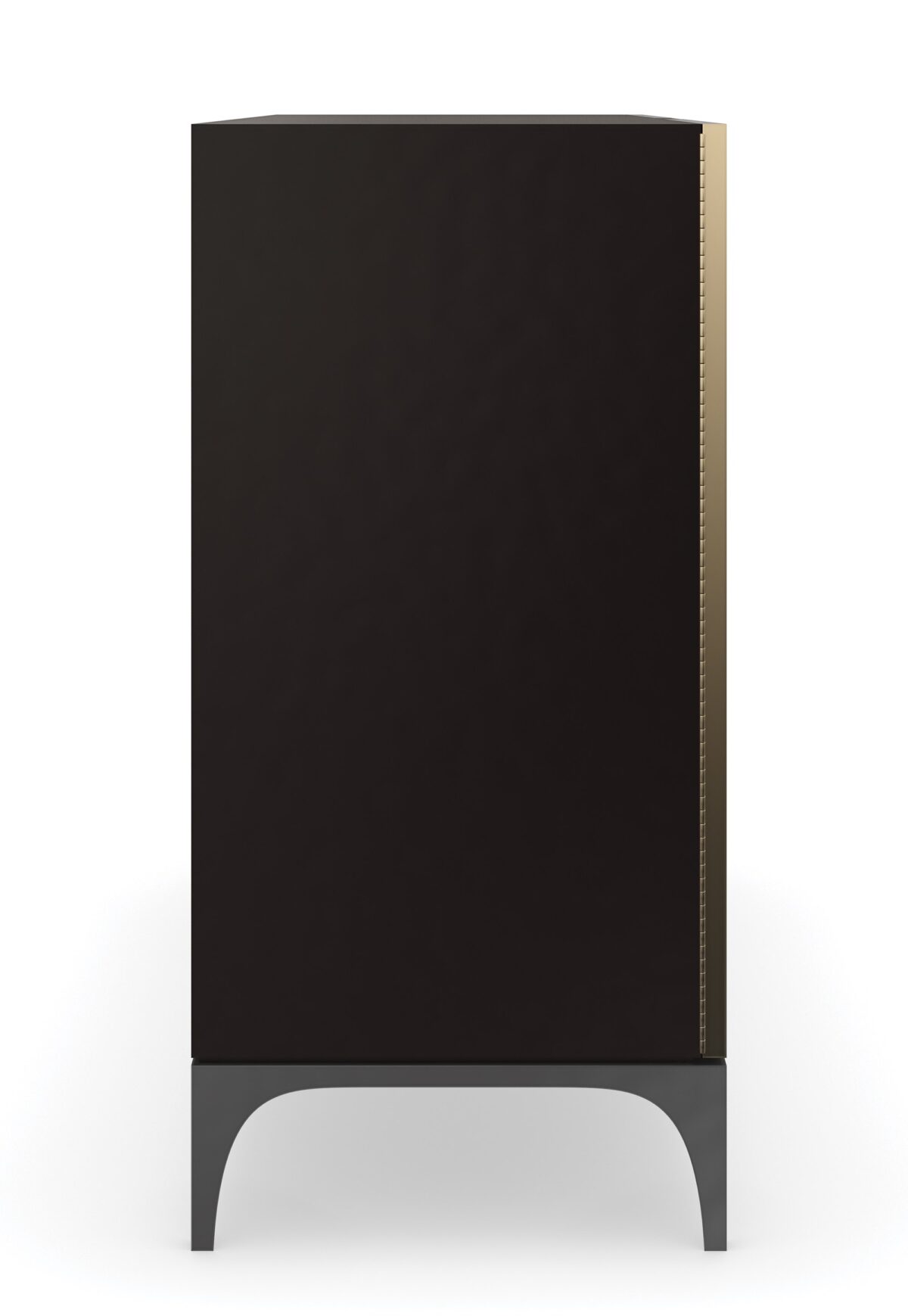 The Caracole "Downtown" bar cabinet, a luxurious and modern chest with door fronts framed in Chocolate Truffle lacquer, featuring a tactile mix of faux shagreen and Café Latte hand-printed resin with a Brushed Gold overlay, and resting on a Tungsten metal base.