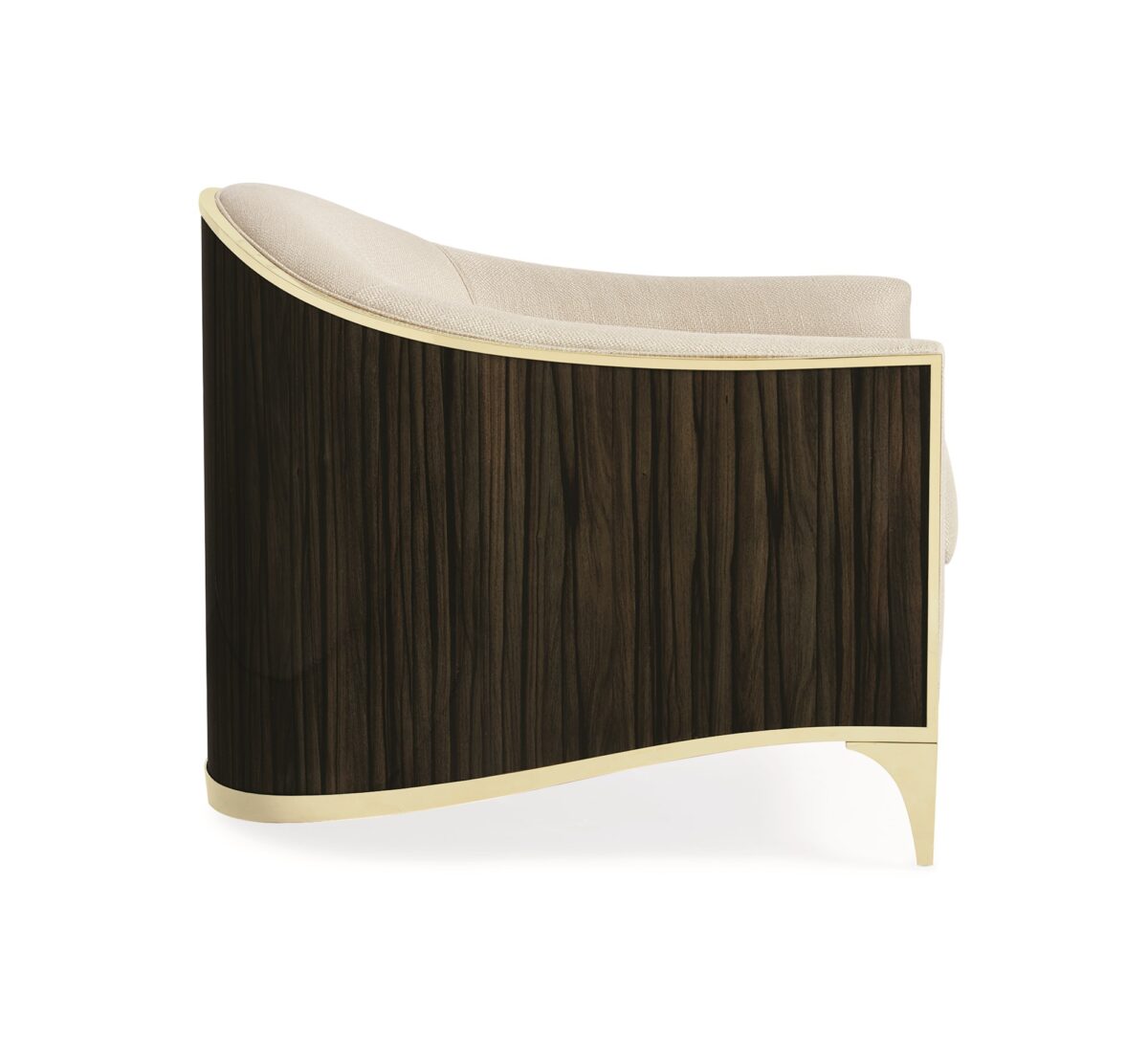 The Svelte Chair by Caracole, a sophisticated barrel chair with a shimmering Moonstone basketweave fabric interior, a tone-on-tone novelty eyelash embroidery exterior, and a Majestic Gold stainless steel frame.