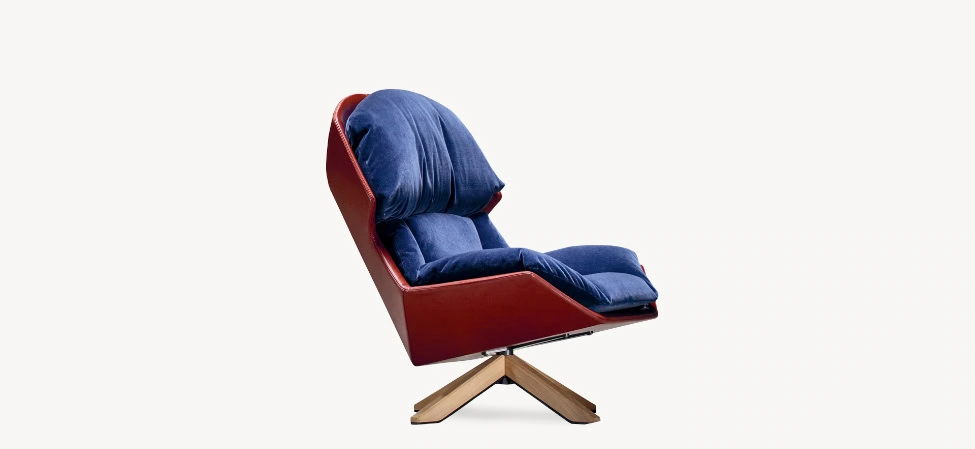 Clarissa armchair by Moroso in plush Italian velvet upholstery, front view in a Royal Oak Michigan showroom