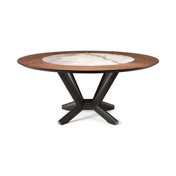 “PLANER Ker-Wood Round by Cattelan Italia – round dining table with central ceramic inlay and outer wooden rim on a sculptural metal base”