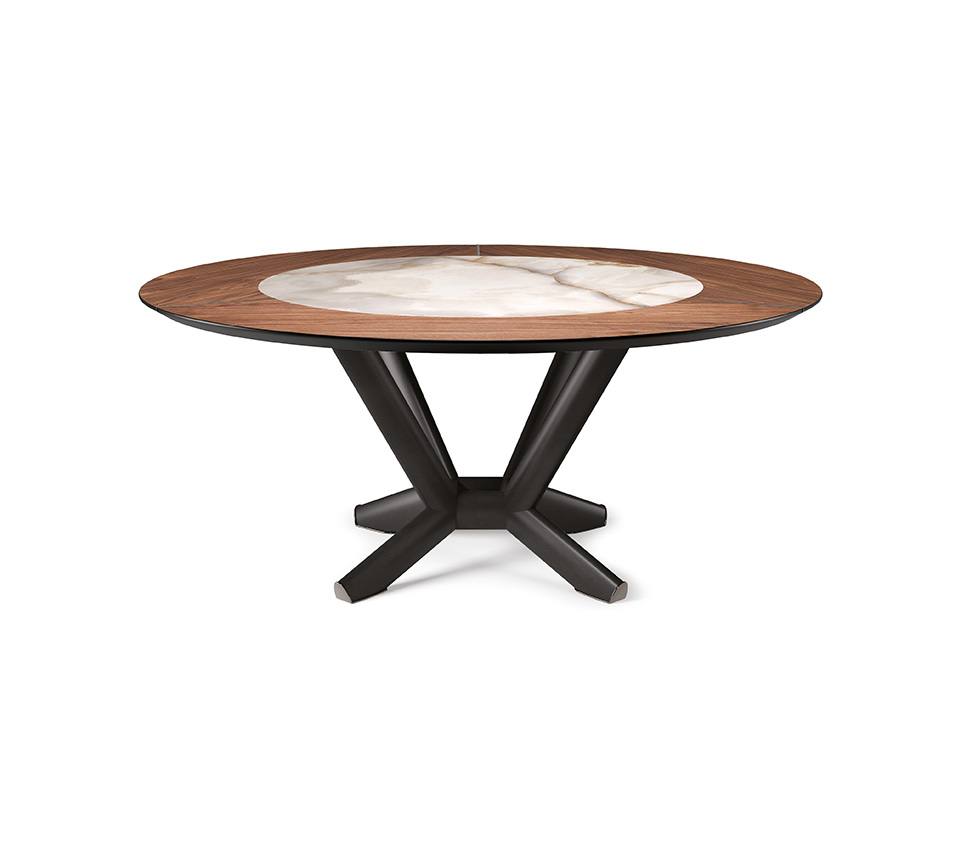 “PLANER Ker-Wood Round by Cattelan Italia – round dining table with central ceramic inlay and outer wooden rim on a sculptural metal base”