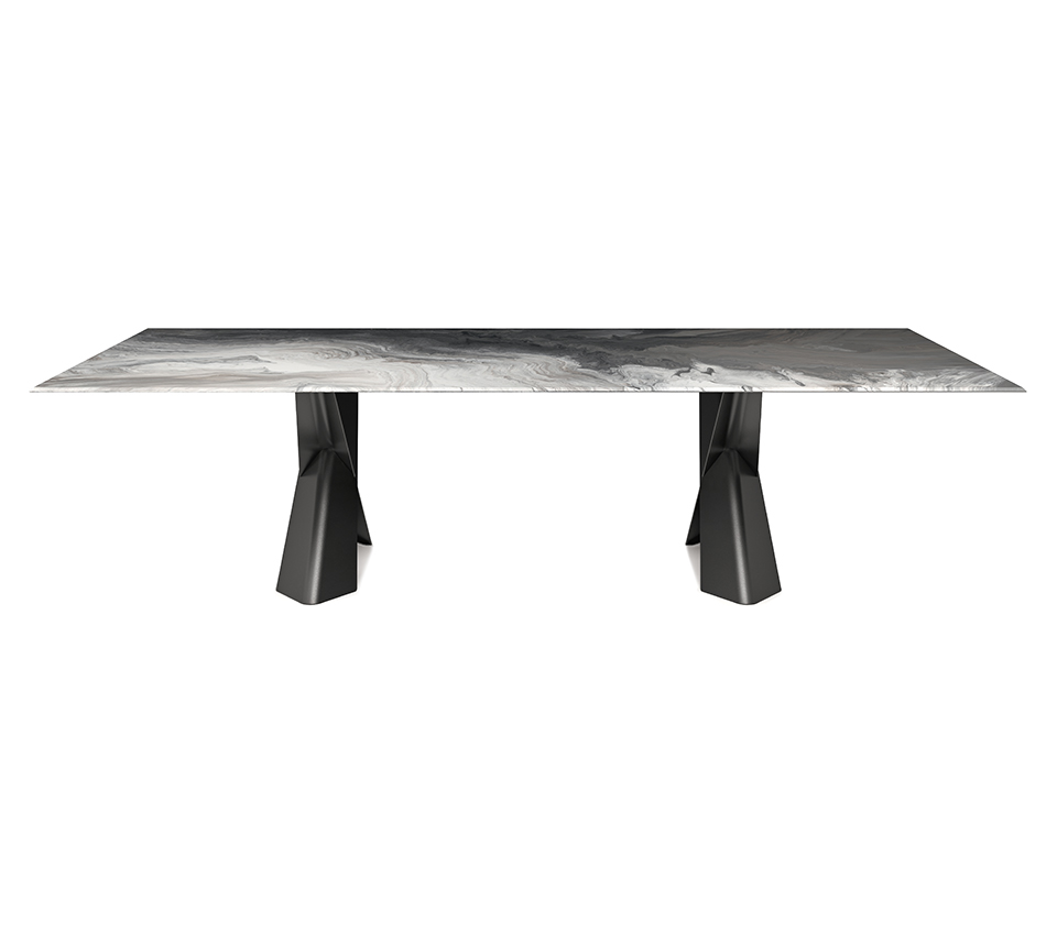 “MAD MAX Crystalart by Cattelan Italia – luxury dining table with artistic printed glass top and sculptural X-shaped metal base”