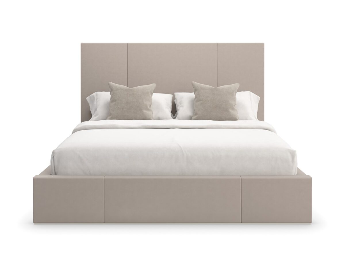Modern Caracole Balance King Bed with a fully upholstered frame in soft ecru fabric, featuring Putty wood trim and Parsons-style legs for a sleek aesthetic.