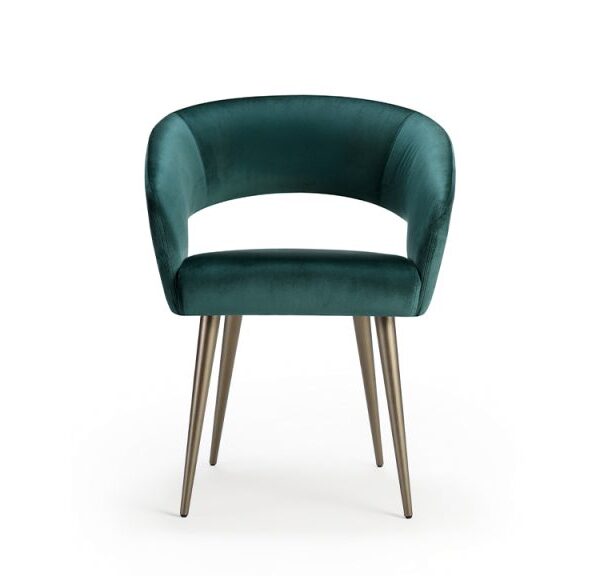 Elegant armchair with a wooden frame and padded upholstery, featuring a curved backrest.