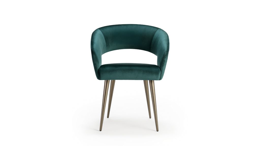 Elegant armchair with a wooden frame and padded upholstery, featuring a curved backrest.