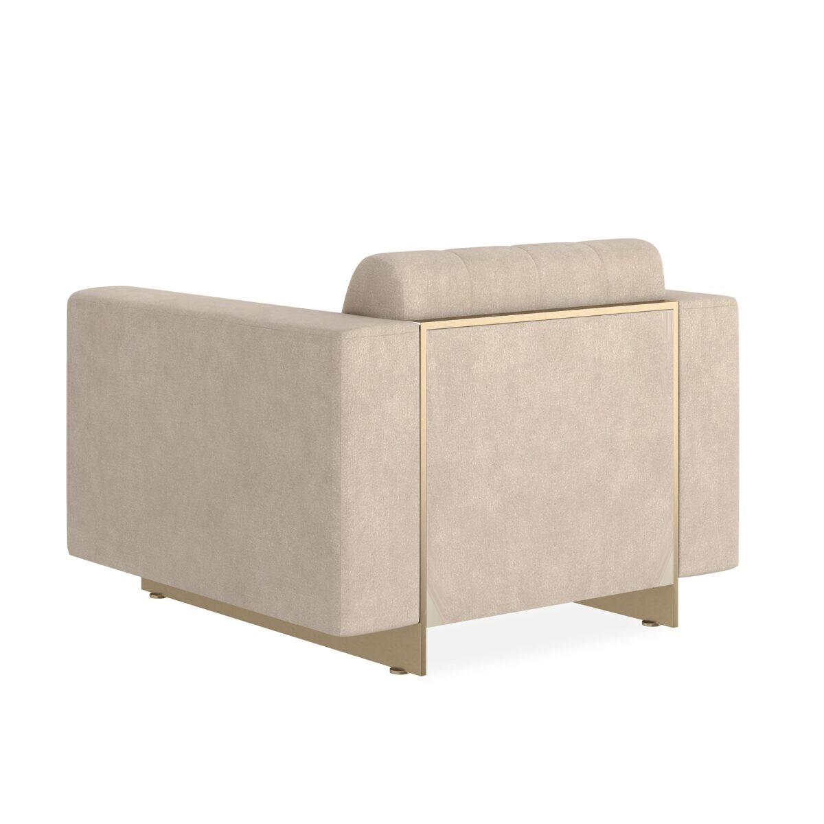 The Caracole Well Balanced Chair, featuring a tight seat and back with channel tufting, upholstered in a shimmering Moonstone basketweave fabric, and resting on a thin Whisper of Gold stainless steel frame with matching beading down the back.