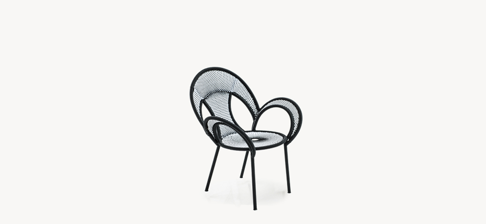 Banjooli by Moroso in sculptural woven cane frame and Italian upholstery, front view in a Royal Oak Michigan showroom