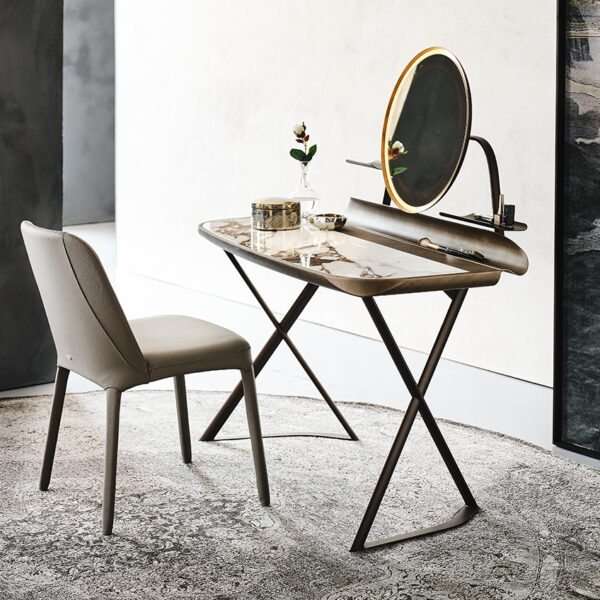 “COCOON TROUSSE Keramik by Cattelan Italia – elegant Italian vanity desk with ceramic top and rounded wooden structure”