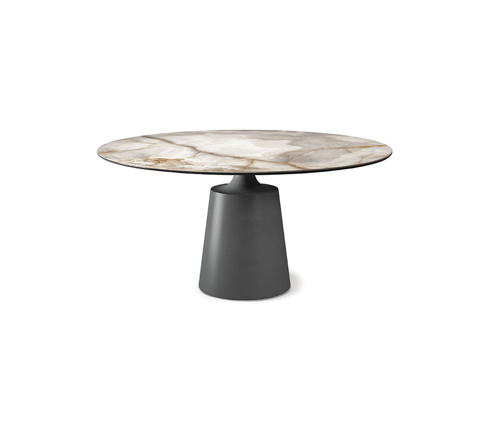 “YODA Keramik by Cattelan Italia – round dining table with sculptural metal base and luxurious marble-look ceramic top”