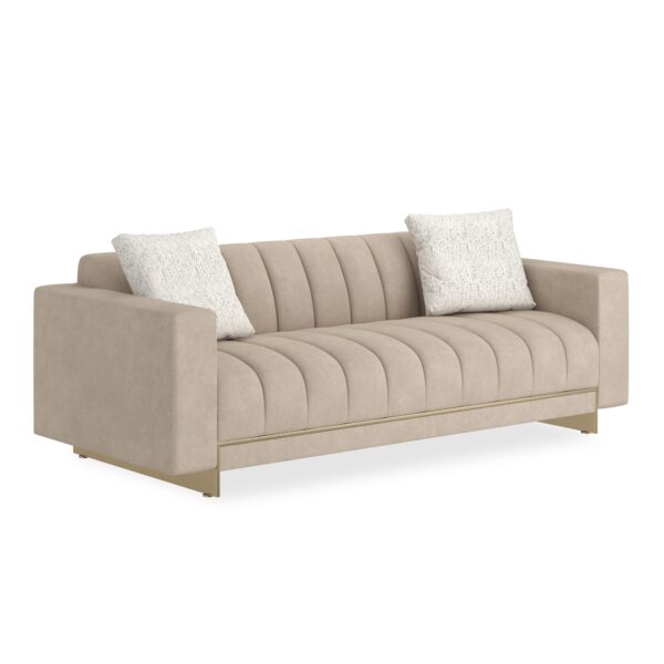 Caracole 84 Well Balanced Sofa, modern 84 inch sofa, luxury tufted sofa, Moonstone fabric sofa, Italian design sofa, contemporary living room, gold base sofa.