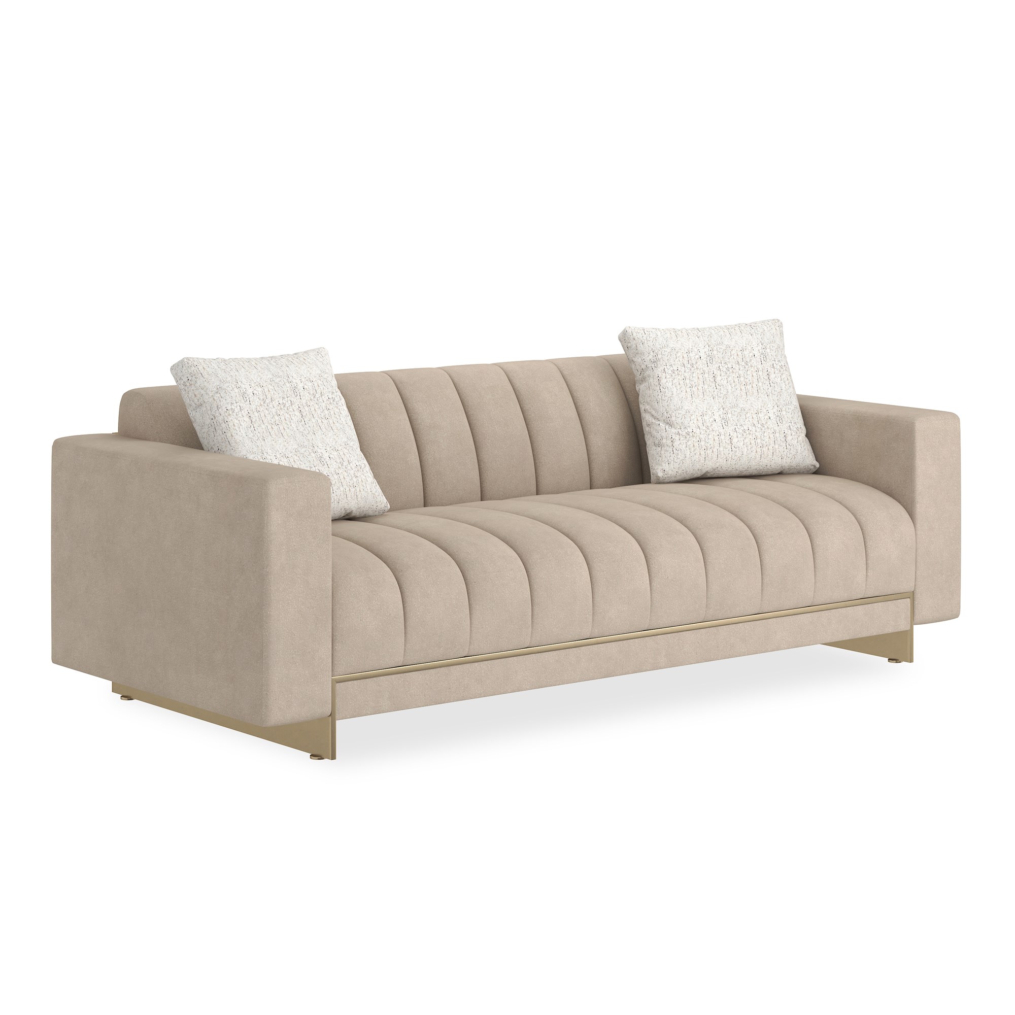 Caracole 84 Well Balanced Sofa, modern 84 inch sofa, luxury tufted sofa, Moonstone fabric sofa, Italian design sofa, contemporary living room, gold base sofa.