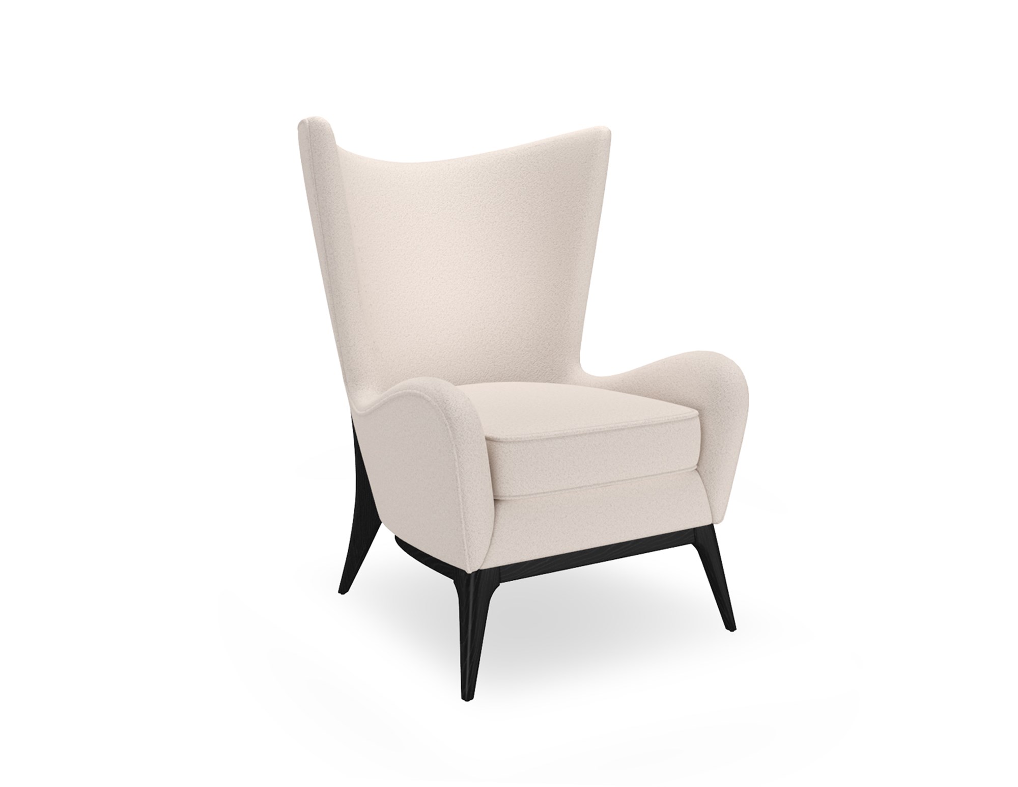 The Caracole "Whats New Pussycat?" wing chair, featuring a modern Scandinavian design with a light-colored upholstered body, gracefully sloped arms, a soft round back, and a distinctive exposed wood detail on the outback in a Modern Walnut or Almost Black finish.